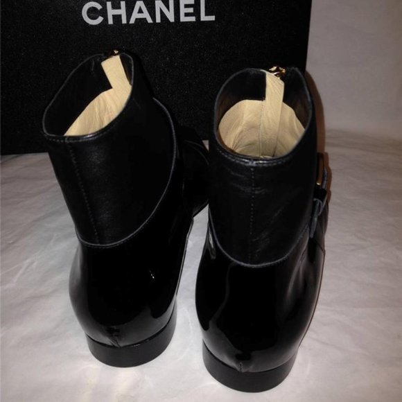 CHANEL 13A Black Leather Patent Pointed Buckled Ankle Bootie Boots Shoes - Picture 6 of 12